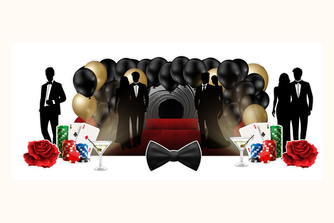 Black tie and casino theme: black and gold balloon backdrop, tuxedo silhouettes, poker chips, martini and bow tie
